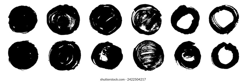 Grungy vector black ink brush scribble collection. Hand drawn textured punk style shapes. Artistic Chinese or Korean design elements. Japanese enso zen circles. Each element is united. Sun symbols