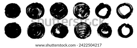 Grungy vector black ink brush scribble collection. Hand drawn textured punk style shapes. Artistic Chinese or Korean design elements. Japanese enso zen circles. Each element is united. Sun symbols