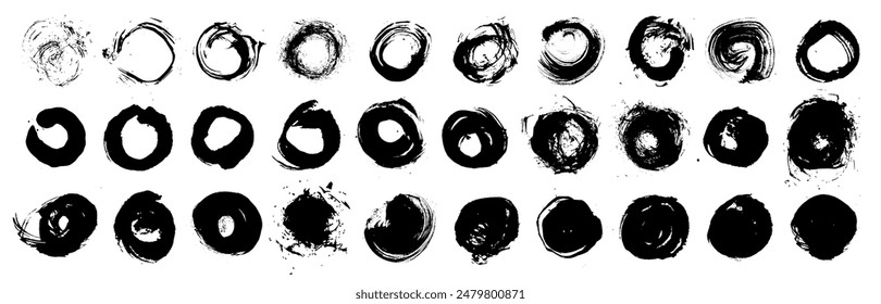 Círculos de tinta negra de Vector grungy. Pincel dibujado a mano texturizado estilo punk Formas redondas. Caligrafía artística china, Elementos de diseño coreanos. Círculos zen japonés. Cada elemento está unido. Símbolos Sun