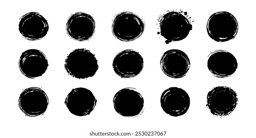 Grungy vector black ink circles. Brush hand drawn textured punk style round shapes. Collection of grunge vector hand drawn elements and banners isolated on white background.