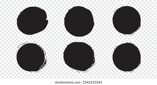 Grungy vector black ink circles. Brush hand drawn textured punk style round shapes. Artistic Chinese calligraphy, Korean design elements. Japanese enso zen circles. Each element is united. Sun symbols