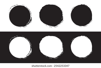 Círculos de tinta negra de Vector gruñón. Pincel dibujado a mano texturizado estilo punk Formas redondas. Caligrafía artística china, Elementos de diseño coreanos. Círculos zen japoneses. Cada elemento está unido. Símbolos del sol