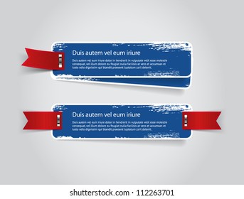 Grungy vector blue badges / banners with worn out paint texture, with red ribbons attached with shiny metallic staples
