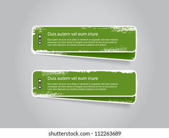 Grungy vector green badges / banners with worn out paint texture, attached with shiny metallic staples