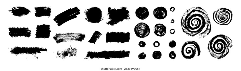 Grungy vector lines, circles, smears, spirals, waves, brush strokes. Hand-drawn Japanese brushstroke textures on transparent background. Set of punk style messy hand drawn scratch scribble elements 