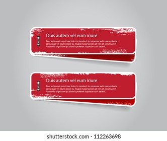 Grungy vector red badges / banners with worn out paint texture, attached with shiny metallic staples