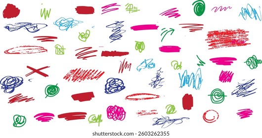 Grungy vector scribble element set. Playful colorful hand-drawn textured childish hatching. 