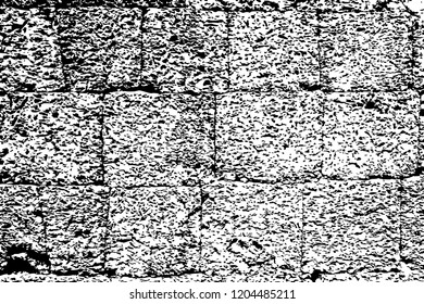 Grungy vector texture of old brick wall. Distressed overlay for vintage effect. Rough and weathered stone surface. Black ink splatter on transparent background. Noisy texture monochrome background