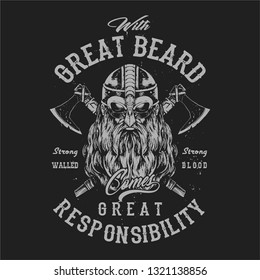 Grungy Viking Beard Face Wearing Helmet Typography T Shirt Design Hand Drawing Vector Illustration