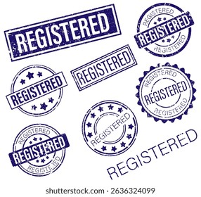 Grungy e vintage azul REGISTERED distintivos com estrelas e bordas em formato de selo. Perfeito para modelos de projeto de documentos, negócios ou jurídicos. Ideal para marca, embalagem ou verificação retro.