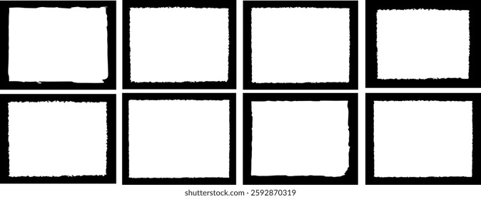 Grungy vintage overlay pattern frame set. Set of grunge overlay texture frame with ink brush stroke and torn or rip paper effect. boxes, frames for text. rectangles and squares, Grunge graffiti frame.