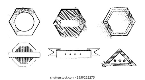 Grungy vintage stickers or marks with copy space. Vector isolated set of realistic authentic borders and banners. Postal or travel destination aged notes. Quality signs icons with scratches