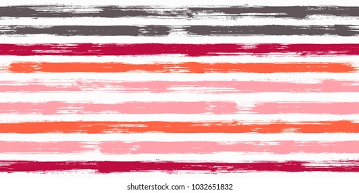 Grungy watercolor brush stripes seamless pattern. Ice cream pink, creme orange, red and brown paintbrush lines horizontal seamless texture for backdrop. Hand drown paint strokes decorative artwork.