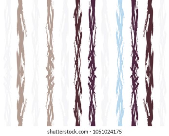 Grungy watercolor brush stripes seamless pattern. Cyan blue, pale grey, dark purple and brown paintbrush lines vertical seamless texture for background. Hand drown paint strokes design artwork.