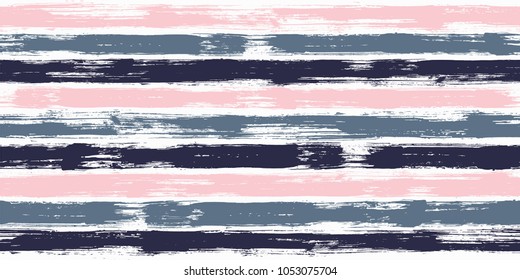 Grungy watercolor brush stripes seamless pattern. Caramel pink, navy blue and metal grey paintbrush lines horizontal seamless texture for backdrop. Hand drown paint strokes graphic artwork. For print.