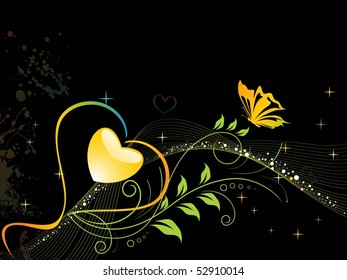 grungy, wave background with floral heart, butterfly