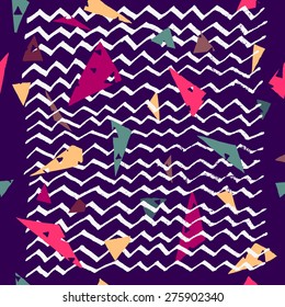 Grungy white vector collection of geometric hand-drawn zigzag lines on dark blue background in retro style with colorful triangles. 