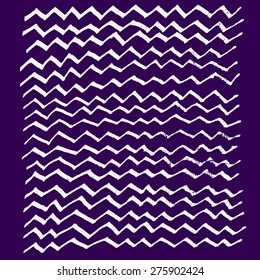 Grungy white vector collection of geometric hand-drawn zigzag lines on dark blue background in retro style. 