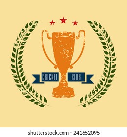 Grungy winning trophy with laurel wreath and stars for Cricket on yellow background.