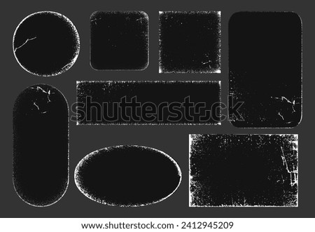 Grungy worn paper frames of geometric shapes with scratches. Vector isolated realistic empty black stickers with retro effect. Distressed vintage faded pages, oval and circle, rectangle and square