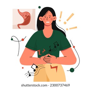 Grunting and pain. Young girl stands and holds her stomach with her hands. Disease and illness of digestive system. Growling abdomen concept. Cartoon flat vector illustration