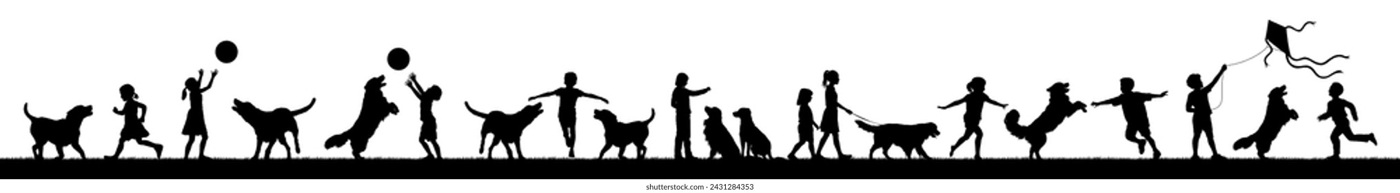 Grup of kids playing with dogs outdoor on grass field black silhouette set.	