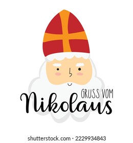 Gruss vom Nikolaus - German Translation - greetings from nicholas. Saint Nicholas cute doodle portrait, sweet greeting card.