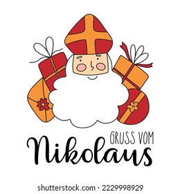 Gruss vom Nikolaus - German Translation - greetings from nicholas. Saint Nicholas cute doodle portrait with different gift boxes, presents for kids, sweet greeting card.