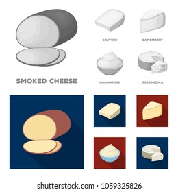 Gruyere, camembert, mascarpone, gorgonzola.Different types of cheese set collection icons in monochrome,flat style vector symbol stock illustration web.