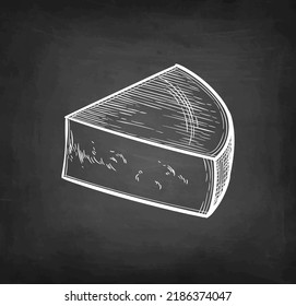 Gruyere cheese block. Chalk sketch on blackboard background. Hand drawn vector illustration. Retro style.