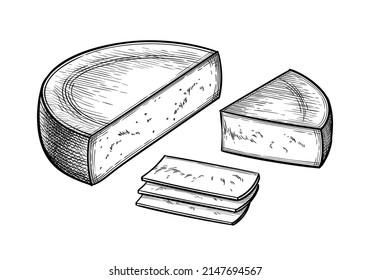 Gruyere. Half round of cheese, block and slices. Ink sketch isolated on white background. Hand drawn vector illustration. Vintage style stroke drawing.