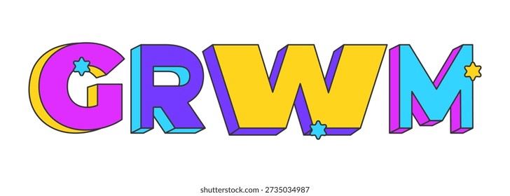 GRWM playful 3D text design. Get ready with me. Fashion content creator. Beauty routine. Daily glam. Multicolor block letters. Retro funky style with stars. Pop culture. Montserrat font used