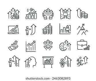 Grwoth hand drawn doodle sketch style line icons. Vector illustration.