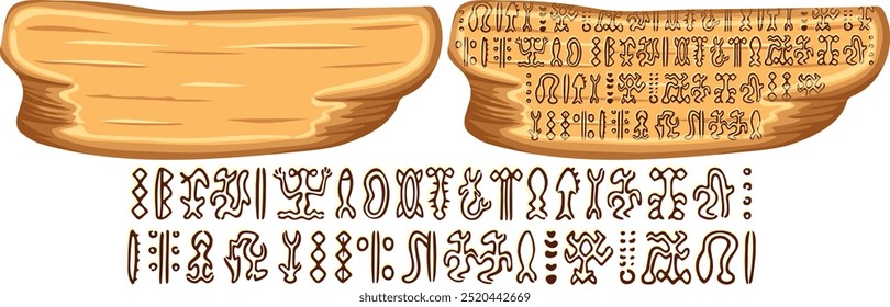 Gryph Rongorongo na Ilha de Páscoa ou Rapa Nui. Painel de madeira isolado vetor cartoon. Legendas não decifradas de povos antigos. Placa com textos antigos. Elementos de interface gráfica para jogos de computador e de tabuleiro.