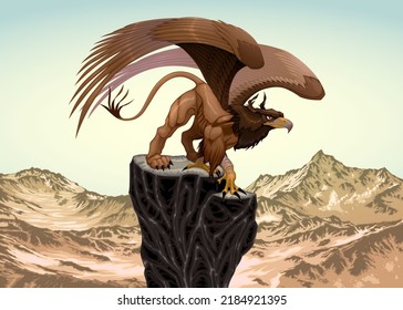 Gryphon, half eagle and half lion, gazes at the horizon over the mountains. Vector fantasy illustration