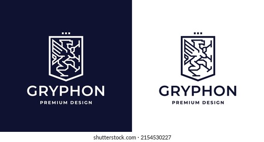 Gryphon logo crest design. Griffin shield line icon. Mythical winged beast business symbol. Premium mythical creature heraldry emblem. Vector illustration.