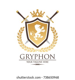 Gryphon Royal Shield and Sword Logo Template Logo Vector Logo Template Used for hotel, restaurant, boutique, jewellery invitation, business card etc.