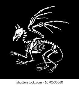 A gryphon skeleton isolated on a black background. Bestiary. Mythical creatures. Legendary animals. Great for printing on T-shirts, for tattoos and more. Ideal for decoration of Halloween and the Day 