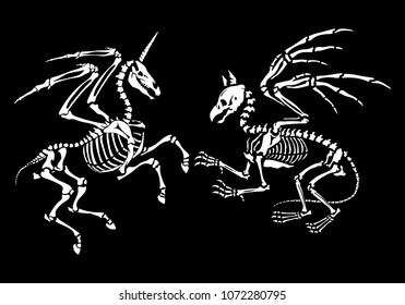 A gryphon skeleton and skeleton of a pegasus with horn. Great for printing on T-shirts, for tattoos and more. Ideal for decoration of Halloween and the Day of the Dead.