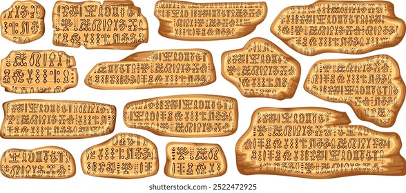 Gryphs Rongorongo na Ilha de Páscoa ou Rapa Nui. Painéis isolados de madeira para desenho animado. Legendas não decifradas de povos antigos. Placas com textos antigos. Elementos de interface gráfica para jogos de computador e de tabuleiro.