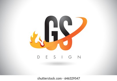 GS G S Letter Logo Design with Fire Flames and Orange Swoosh Vector Illustration.
