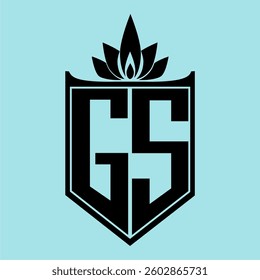 GS Logo featuring a minimalist design with a crown-like flower symbol on top, bold black elements, and a soft blue background, perfect for branding and modern visual identity.