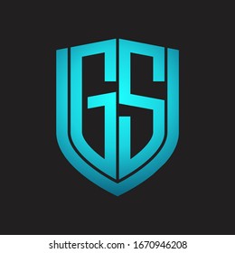 Monograma del logotipo GS con diseño de escudo de emblemas aislado con colores azules sobre fondo negro