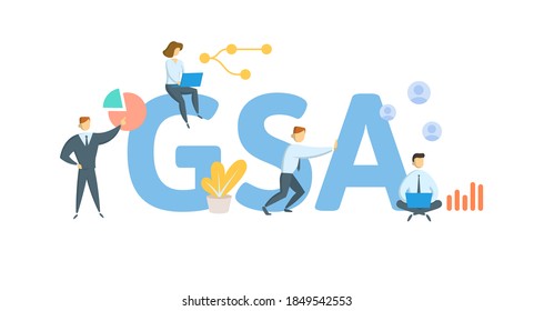 GSA, General Sales Agent. Concept with keywords, people and icons. Flat vector illustration. Isolated on white background.