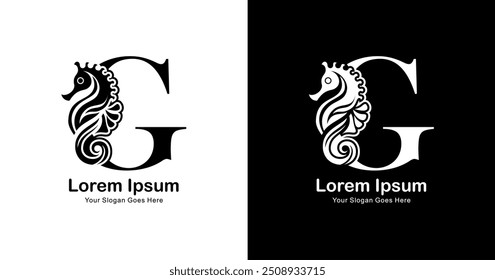 G-shaped logo design combined with seahorses