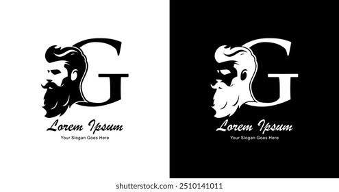 G-shaped logo design combined with the silhouette of a bearded man's head