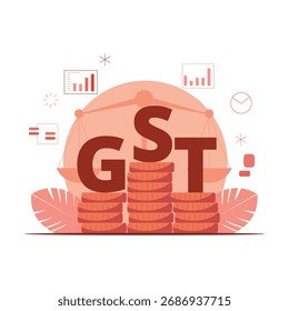 Cumplimiento de GST y Ilustración vectorial contable 2D que muestra el trabajo en equipo de la oficina, el cálculo de impuestos, los informes y la planificación financiera