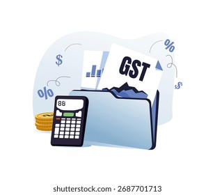 Ilustración de concepto GST. Bienes y Servicios Abreviatura fiscal con iconos financieros y empresariales, que simboliza la fiscalidad, la economía y la política gubernamental. Ideal para su uso en presentaciones comerciales