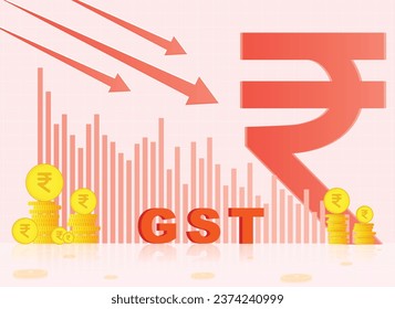 GST Decrease Representation with Decreasing Bar Graph, Arrow Going Down and Set of Icons of Indian Currency Symbol and Coins 