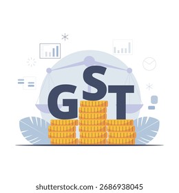 GST finance management 2D vector illustration with calculator, reports, charts, and accountants discussing tax returns